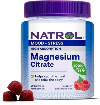 NATROL Magnesium citrate, high absorption, Mood & Stress, 60 Ct Raspberry, 06/26