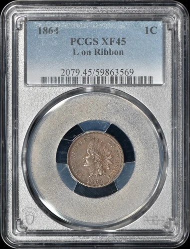 1864 Indian One Cent 1c Penny L on Ribbon PCGS XF45