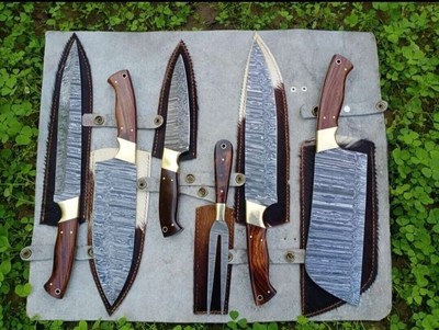 Custom Handmade HAND FORGED DAMASCUS STEEL 6 PIECE CHEF KNIFE Set Kitchen Knives