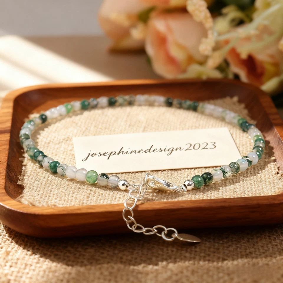 Tobillera de cristal de ágata de musgo natural cuentas redondas curación minimalista joyería para mujer Foto 2 de 4