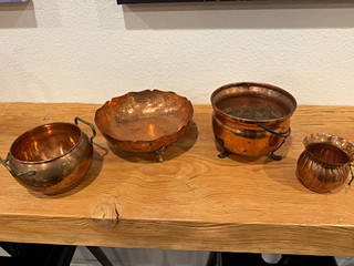 Lot of 4 Copper Bowls & Handled Pots/Pans with Small Cup Metalware Pieces