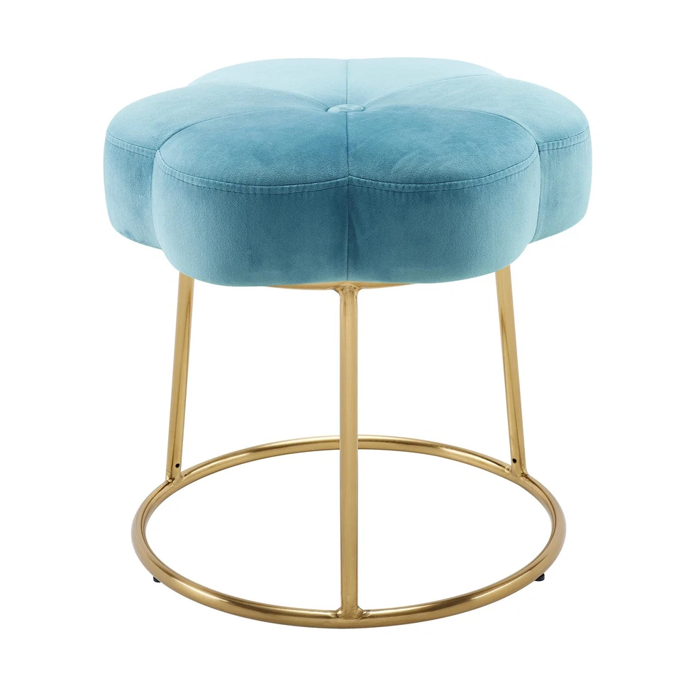 Linon Siena Gold Steel Base Upholstered Flower Shape Vanity Stool in Blue Velvet - Image 2 of 4