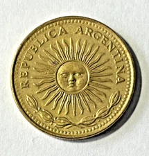 1975 Argentina Coin 1 peso Radiant Sun Face Grain Sprig South America