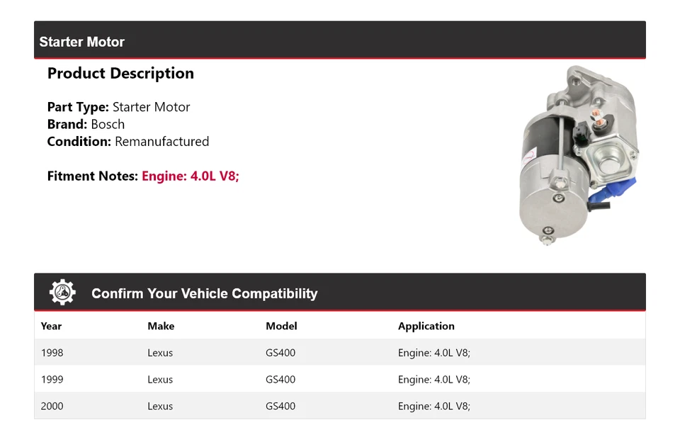 For 1998-2000 Lexus GS400 4.0L V8 Bosch Starter (Remanufactured) 1999 - Imagem 2 de 4