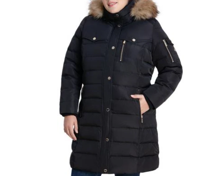 Nuovo cappotto tampone con cappuccio Michael Kors donna taglie forti finiture in pelliccia sintetica 0X M0908