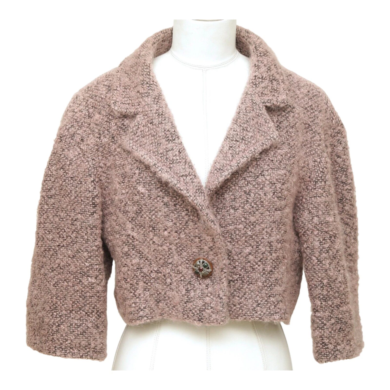 CHANEL Giacca Sciarpa Blazer Cropped 2pz Rosa Nero Mohair Manica 3 4 40 2014 14B