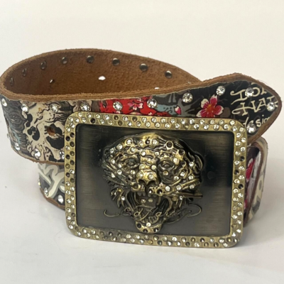 希少 Ed Hardy エドハーディ スタッズ レザーベルト Y2K 00s S Y2K Rare Ed Hardy Glitter Large Buckle Belt Leather Rhinestone One