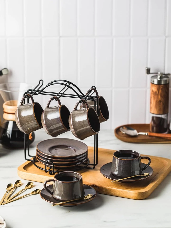 Espresso Cups 4 Oz, Porcelain Coffee Cups Set of 6 Espresso Cup with Saucers - Image 3 of 4