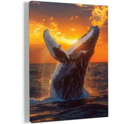 Whale Leaping into the Golden Sunset Wall Art  Canvas Unframed/Framed