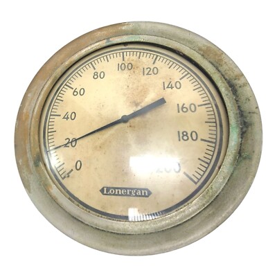 Antique Lonergan Brass Steam Pressure Gauge 0-200 PSI Philadelphia Industrial 12