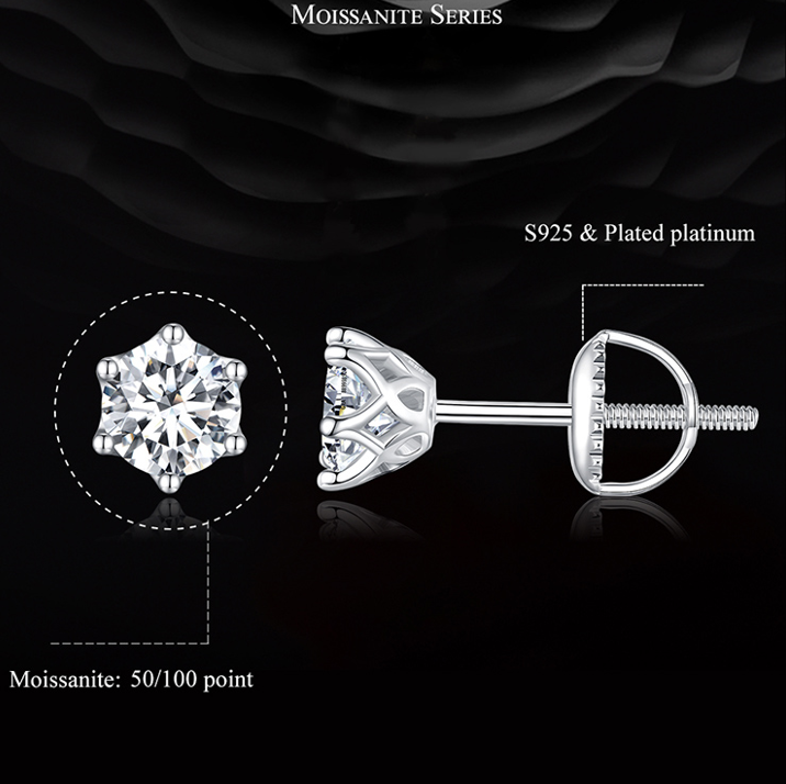 1 Carat Moissanite Stud Earrings Screw Back Solitaire White Gold Plated ...