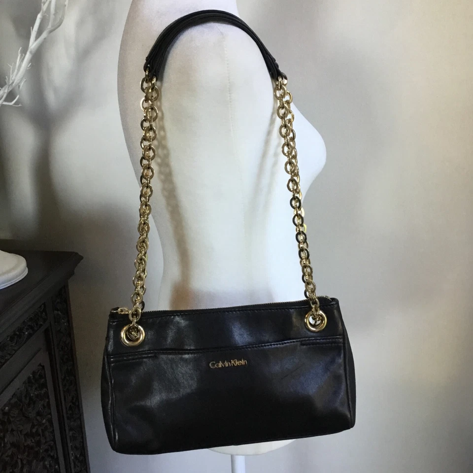 CALVIN KLEIN Bandolera Bolso de Hombro Cartera Cuero Negro Cadena Dorada Foto 3 de 4