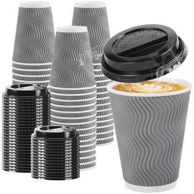 Clawsoff 100 Pack 12 oz Disposable Coffee Cups with Lids Insulated Ripple Wal...