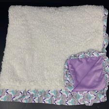Peanutshell White Baby Blanket Faux Fur Ruffle Floral Trim Purple Satin Lovey
