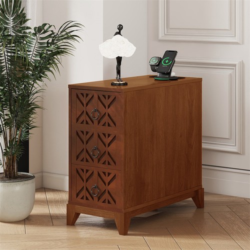 End Table w/3 Drawers & 2 Open Shelves Tall Side Table for Bedroom Corner,Walnut - Picture 14 of 16
