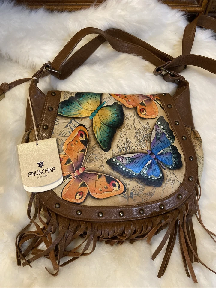 Bolso Anuschka Flecos Solapa Sillín Tierra Canción Mariposas Cuero Pintado a Mano Nuevo con Etiquetas Foto 2 de 4