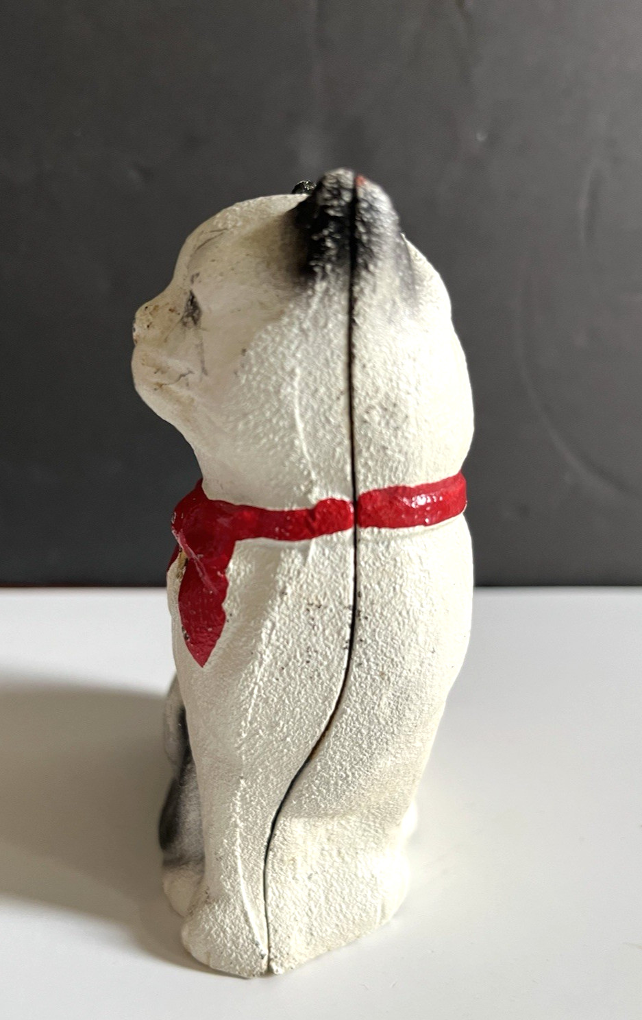 Vintage John Wright Cast Iron Still Bank Cat Red Bow Original Paint GREAT SHAPE