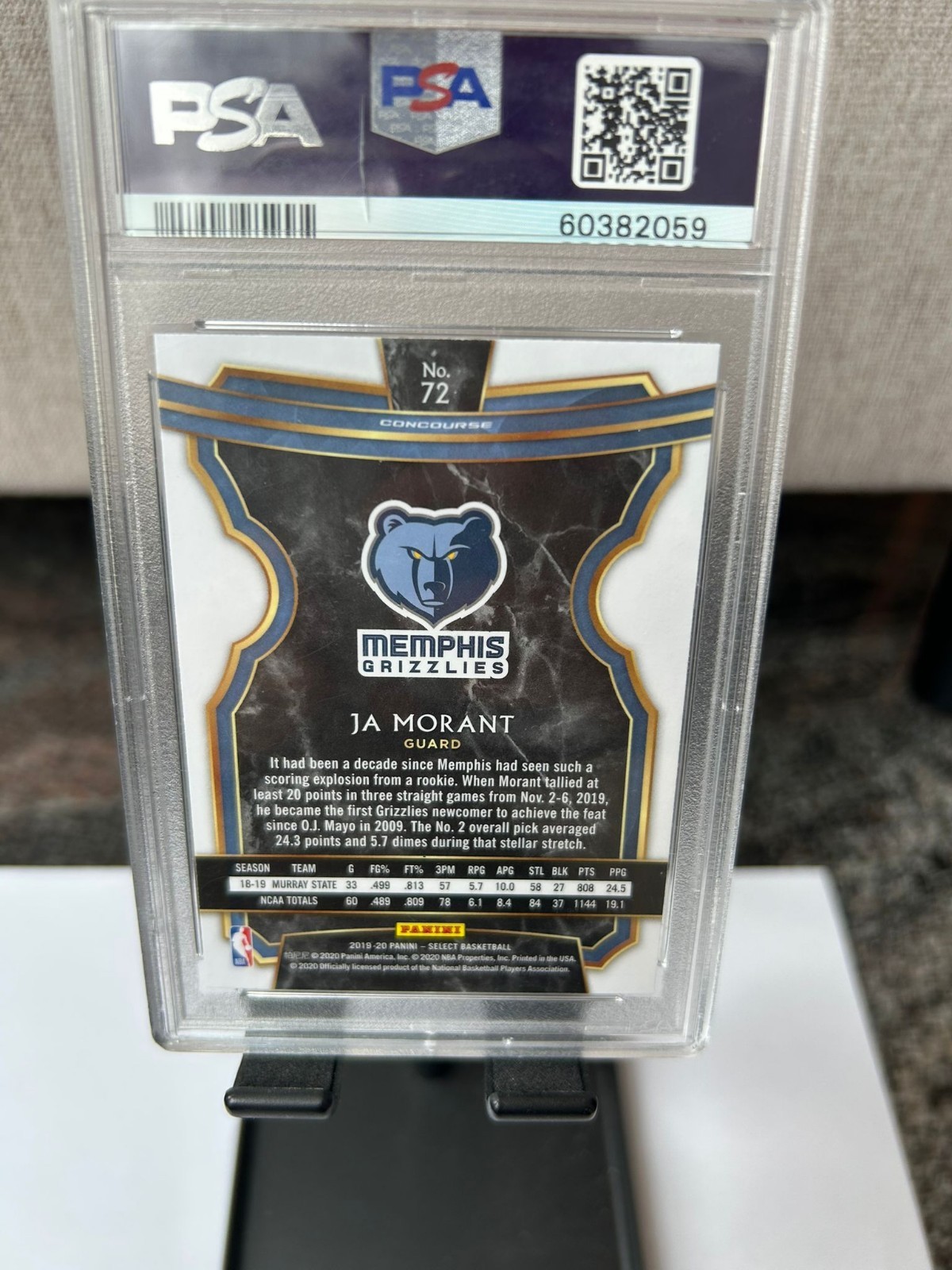 2019-20 Panini Select Concourse Ja Morant #72 Rookie PSA 10 Memphis Grizzlies