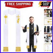 Priest Stole 110 Inches Pastor Wedding Embroidery White Clergy Gold Sash Cros...