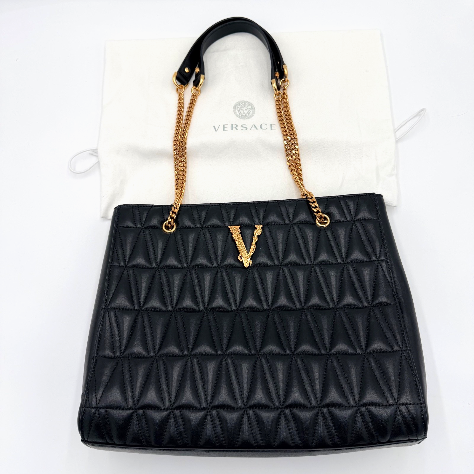 Versace Virtus Women's Black Quilted Nappa Leather Tote HandBag Gold V Logo
