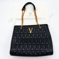 Versace Virtus Women's Black Quilted Nappa Leather Tote HandBag Gold V Logo