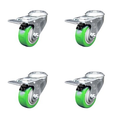 3 Inch Green Polyurethane Swivel Bolt Hole Caster Set with Total Lock Brake SCC