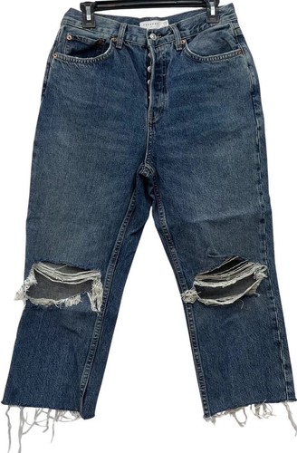 Topshop Petite Dad Jeans Distressed Tag 30 Fits 28 Button Fly Raw Hem Crop