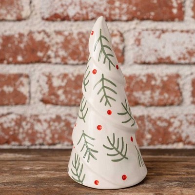 AltoBelli Deko Objekt TANNENBAUM Weiß Grüne Zweige Rote Punkte Keramik 21 cm