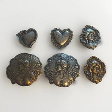 Victorian Revival Heart Peacock Women Lady Button Covers Lot Of 6 Art Deco
