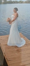 Used David's Bridal Strapless Crinkle Ivory Chiffon Wedding Draping Dress Sz 10