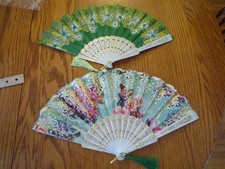 Lot of 2 Foldable Hand Fans of Fabric  Plastic with Tassel on Ends 16"  17"