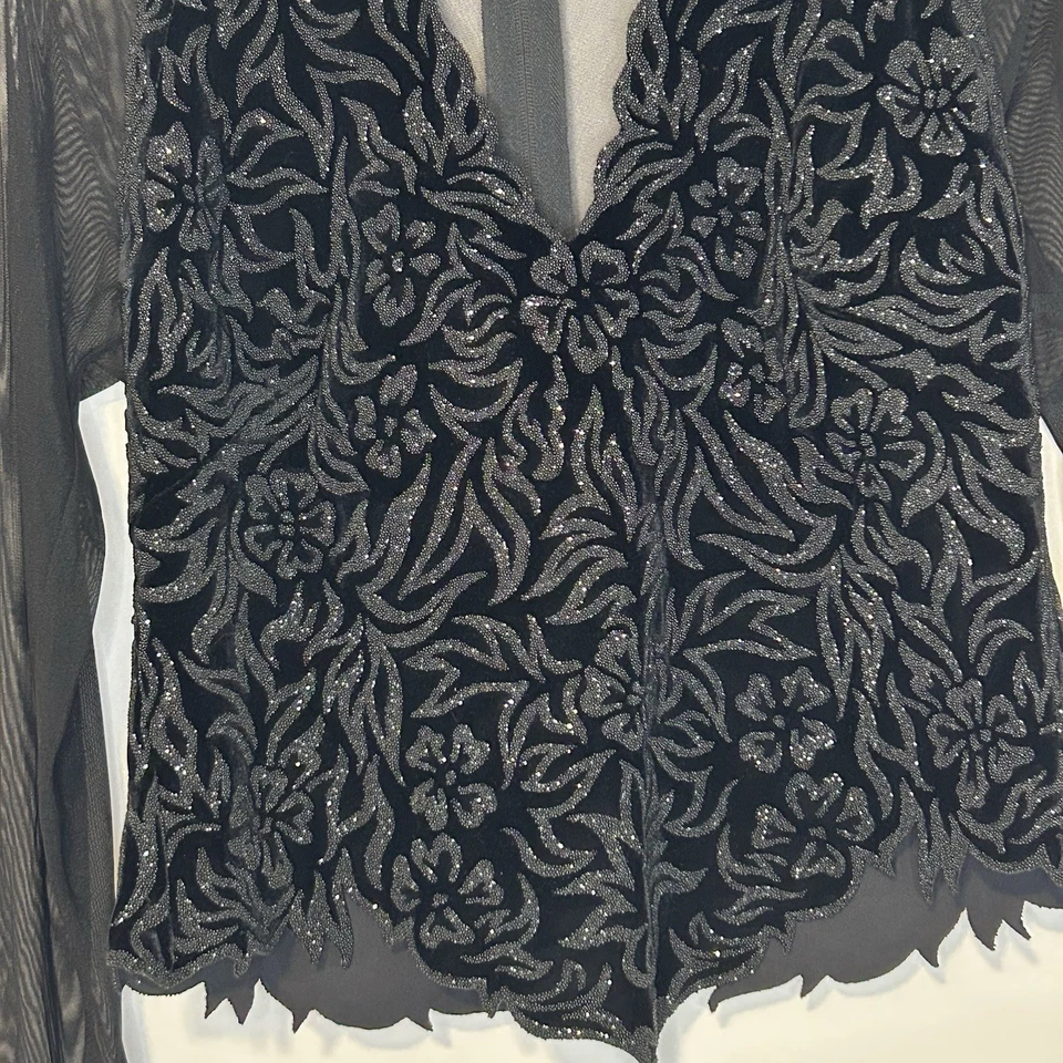 Tadashi Vintage Negro Terciopelo Cuentas Formal Top Mangas de Malla XL Elástico Elegante Foto 2 de 4