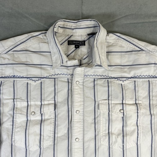 VTG Roper Pearl Snap Western Shirt Mens XL White Blue Striped Rodeo Cowboy - Picture 2 of 8