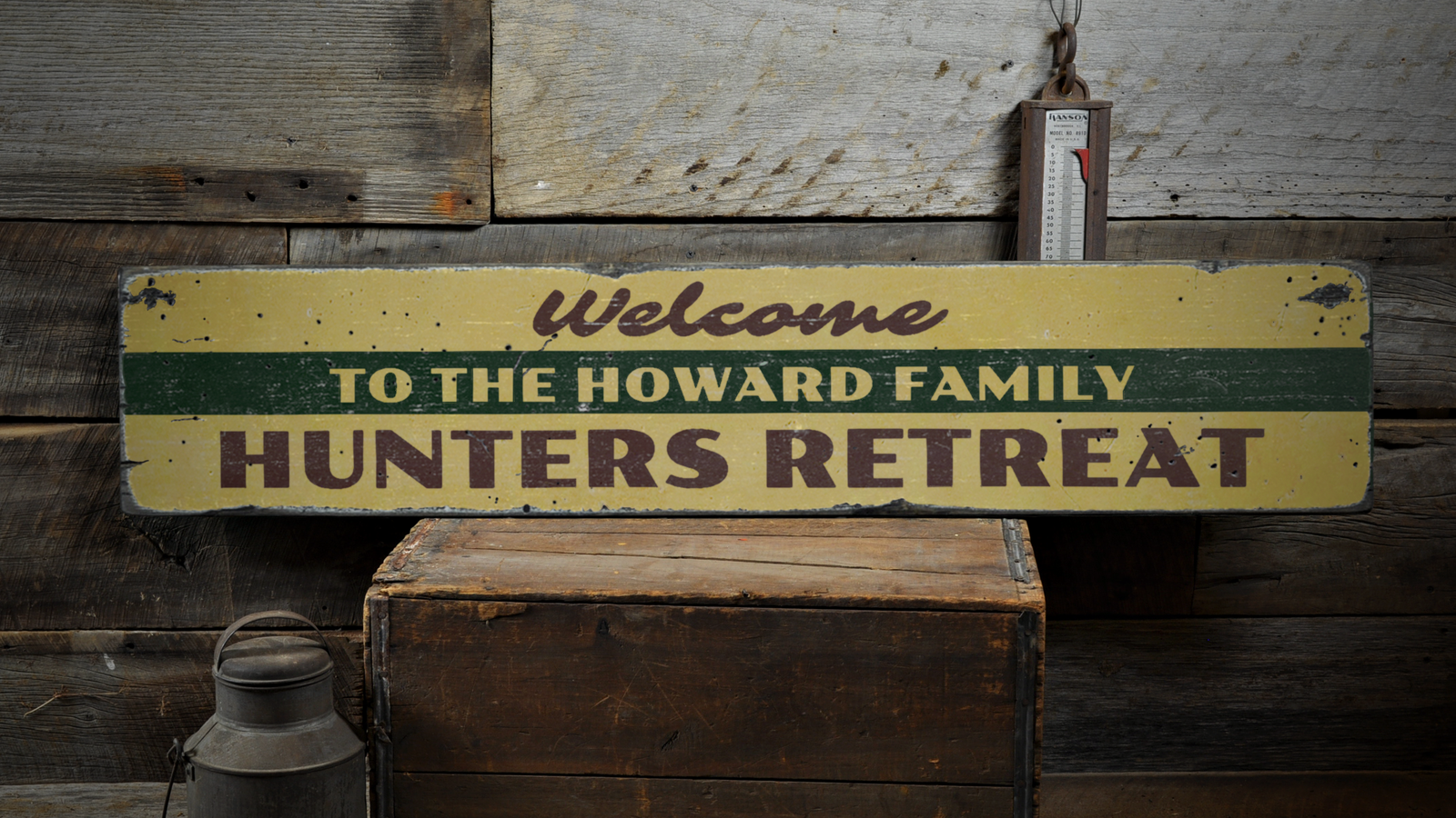 Hunting Retreat, Custom Family Name - Rustic Distressed Wood Sign