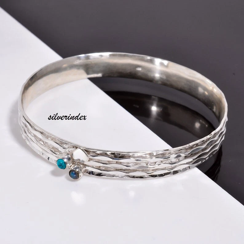 Brazalete Labradorita y Turquesa Giratorio Plata 925 Martillado Regalo Único SV2011 Foto 2 de 4