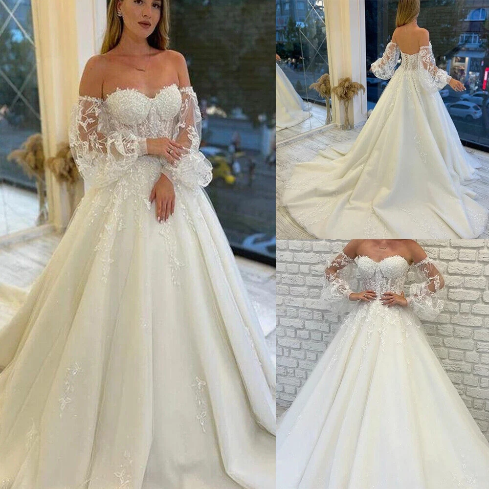 Off Shoulder Puffy Sleeves Wedding Dresses Lace Backless Sweetheart Bridal  Gowns