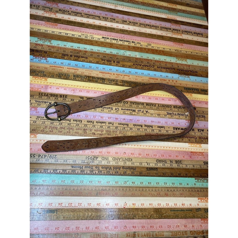 Vintage Womens Leather Brown Studded Boho Belt Gold Tone Buckle Cowgirl