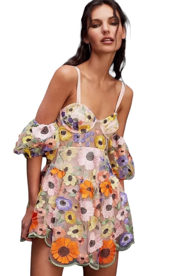 38 Sunday Pull For Love & Lemons Prato Mini Dress Floral Embroidered Size S 8 - Image 2 of 4