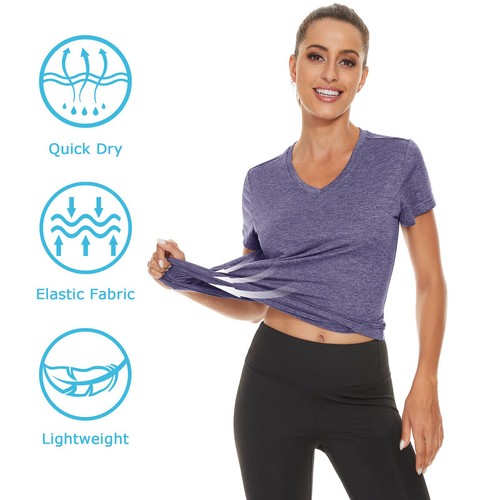 Women's V Neck Workout Shirts Short Sleeve Quick Dry T-Shirts Yoga Athletic Tops - Picture 58 of 61