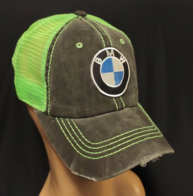 BMW Vintage Mesh Trucker Hat Distressed Baseball Cap Neon Green BMW HAT ...