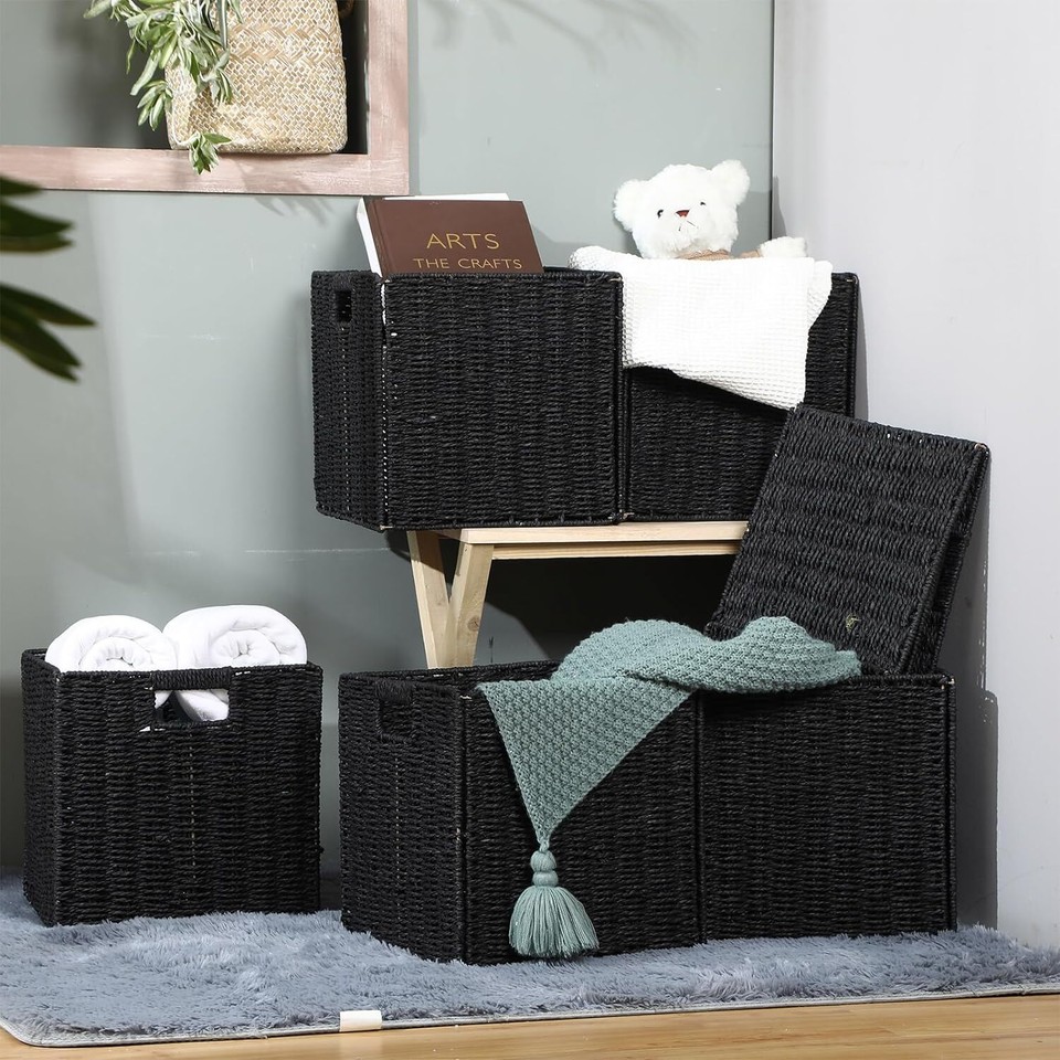 Wicker Storage Basket Cubes Large Handwoven Foldable Storage Bins