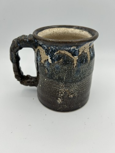 Vintage Andrea Kates Blue Brown Drip Speckled Twisted Handle Art Pottery Mug
