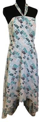 WHBM 6 Small Teal White Fit Flare Hi Low Halter Corset Resort Wedding Maxi Dress