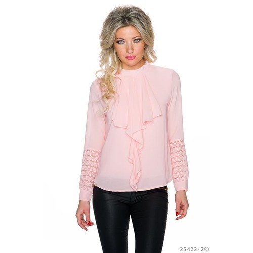 Elegant Long Sleeve Chiffon-Blouse With Jabot Collar Pink 34/36/38 #BL343
