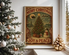 Merry Christmas Joy and Peace Vintage Holiday Tree Poster 