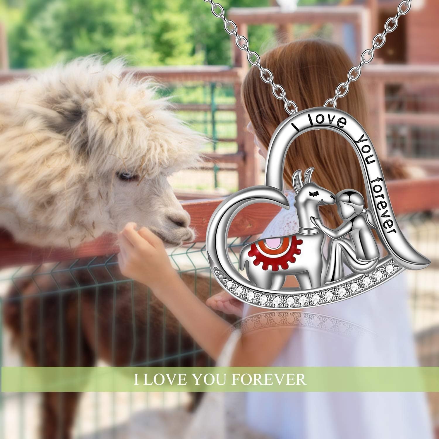 Llama Alpaca Necklace 925 Sterling Silver Forever Love Heart Pendant for Women
