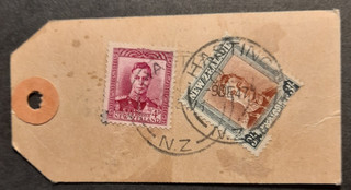 New Zealand Hastings 1947 postmark on 3s & 4d KGV1 stamps on mail tag to England