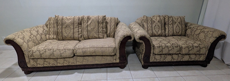 2-Piece Sofa Set Beige Floral Fabric Upholstery Brown Wood Frame Living Room
