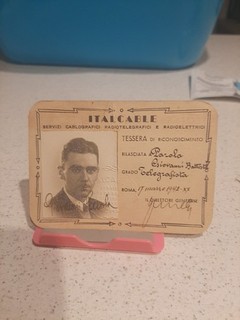TESSERA DI RICONOSCIMENTO D'EPOCA RADIOTELEGRAFISTA ITALCABLE GENOVA 1942 RARA
