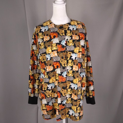 Women Scrub Jacket Small Cat Button Front Vet Tech Uniform Cafe Spa Cat Lady Top